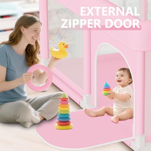 Image of Large Baby Playpen 74 inchx50 inch, Baby Girl Play Pen for Babies and Toddlers Pink, Safe Structure and Soft, Skin-Friendly Fabric with Zipper Gates
