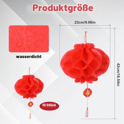 10 Stück Chinesische Laternen,24cm Rot Hängende Lampions,Faltbare Lampions Festival Dekoration,Wasserdichte Papierlaternen für Chinesisches Neujahr Dekoration – Bild 2