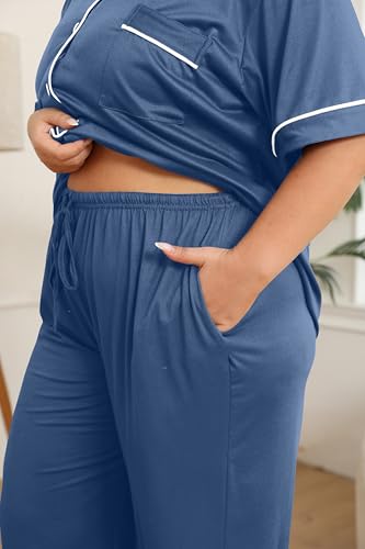 Image of Vozanet Women's Plus Size Pajamas Button Down Shirt and Pants Soft Lounge Sets Bride Nighty Bottom with Pockets 1x to 5x