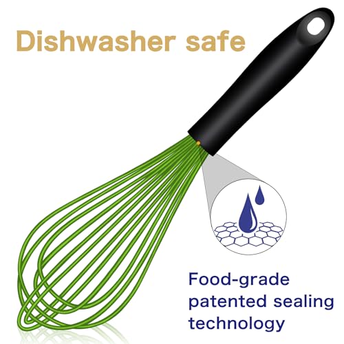 OYV Dishwasher Safe Green Silicone Whisk, Sealed Waterproof Design Set of 3, Professional Kitchen Whisks for Cooking Non-Scratch, Silicone & Stainless Steel Whisk, Heat Resistant Balloon Egg Beater
