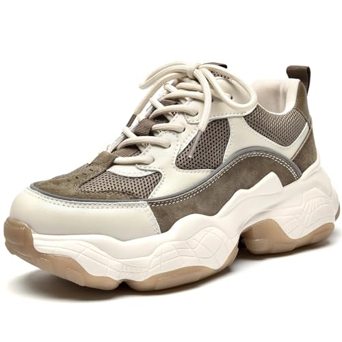 BEAU TODAY Chunky Sneakers for Women, Womens Fashion Sneakers, Lace Up Platform Comfortable Dad Shoes Beige Brown US 5.5