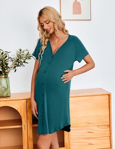 Image of Ekouaer 3 Pack Women's Nightshirt Button Down Nightgown Short Sleeve Sleepshirt V Neck Pajama Dress with Pockets