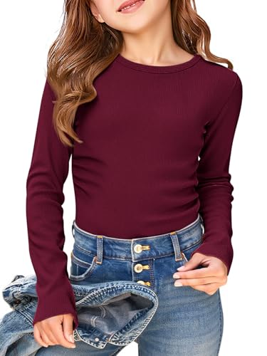 Image of Haloumoning Girls Long Sleeve Shirts Crewneck Ruched Side Slim Fit Tops Ribbed Knit Casual Tee Shirt 4-15 Years