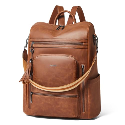 Shrrie Mochila feminina de couro vegano para laptop de 35,5 cm, mochila de viagem moderna para faculdade de negócios, Crazy Horse Brown02