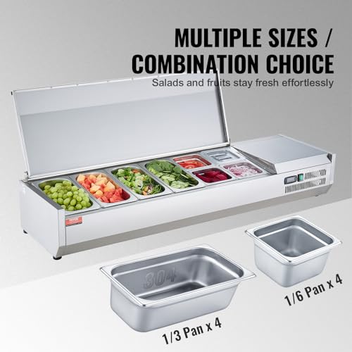VEVOR Gekühlte Gewürzstation für die Arbeitsplatte, Zubereitungsstation mit 4 x 1/3 Pfanne & 4 x 1/6 Pfannen, Korpus aus Edelstahl 304 und Deckel aus PC, Sandwich-Zubereitungstisch mit Edelstahlschutz
