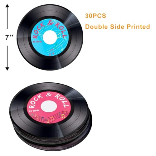 Fancy Land 30pcs Record Cutouts 1950's Rock and Roll Music Party Two Sided Decoration 7 Inches