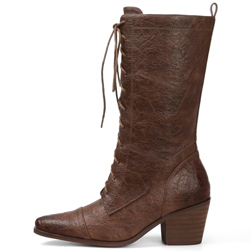 SaraIris Women's Black Mid Calf Boots Lace Up Chunky Heel Vintage Combat Heeled Dress Casual Boots4