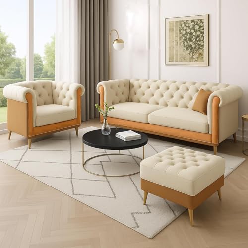 Image of Classic 3+1= 4 Seater with Footrest Seater Sofa Set Luxury Chesterfield Modern Fahionalable Sleeper Sofa for Living Room, Dining Room, (Beige Brown A1)