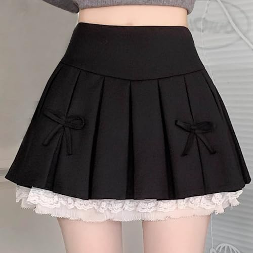 Women's High Waisted Pleated Skirt Skater A Line Mini Uniform Skirt with Lace Trim2