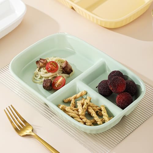 Image of 3 Compartments Wheat Straw Plate for Kids, Toddlers, Sushi, Snacks, Cake, Meat & Appetizers, Pasta, Noodles, Cake Fruits Salad Microwave & Dishwasher Safe Dinnerware (Nordic Green, Pack of 4)