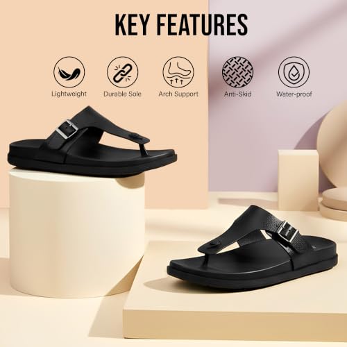 Image of BRUTON Men's STRIVO-1141 Wedge Sandals | Adjustable Buckle Toe Ring Comfort Sandals | Lightweight Cushioned Footbed | Anti-Slip Casual Outdoor & Daily Wear Footwear | Black