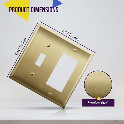 Image of ENERLITES Combination Toggle and Decorator Switch Metal Wall Plate, Stainless Steel 201, Corrosion Resistant, Size 2-Gang 4.50 inch x 4.57 inch, 771131-BB, Brushed Brass, Gold
