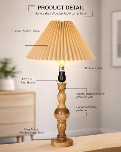 Image of Homesake Wooden Bubble Design Table Lamp for Bedroom & Living Room | Home Decor Lighting | Nightstand Lamp | Reading Lamp | Vintage | Minimalist | Modern Bedside Lamps, (Pleated Jute)