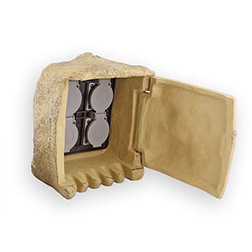 Preisvergleich Produktbild Steinsteckdose SD2 4 Fach Steckdosenstein für Garten Steckdose in Steinoptik Gartensteckdose Aussensteckdose 5 Meter Kabel