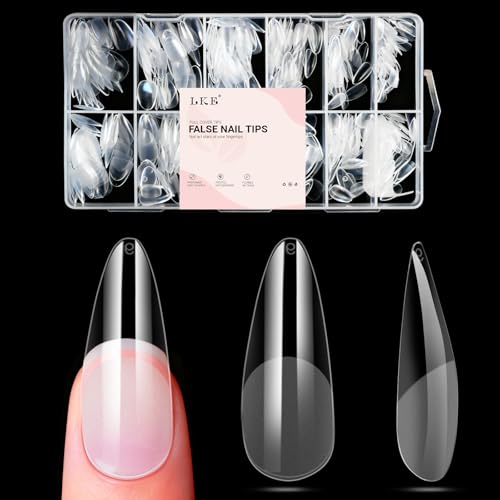 LKE Long Almond Nail Tips: 240PCS Soft Gel Nail Tips Pre Etched Fake Nails 12 Sizes Acrylic Pre-Shaped Nails Full Cover Almond Press on Nails Long False Nails for Extension Nail