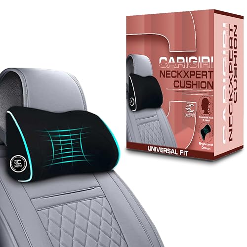 Image of Carigiri NeckXpert Car Neck Rest Pillow|1 Year Warranty|Memory Foam Neck Pillow| Seat Headrest Cushion| Car Neck Pillow for Neck Pain Relief in Office,Driving(Black,White Hemming,Pack of 1)