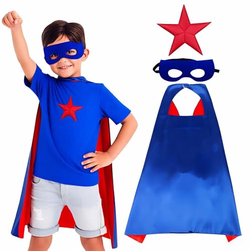 VYNZOR 1 Set Superheld Cape Kostüm Kids Blau Rot mit Maske Kurzer Doppelseitiger Umhang Halloween Kostüm Kinderkostüm Faschingskostüm Karneval Cosplay Für Mädchen und Jungen Helden Kostüm