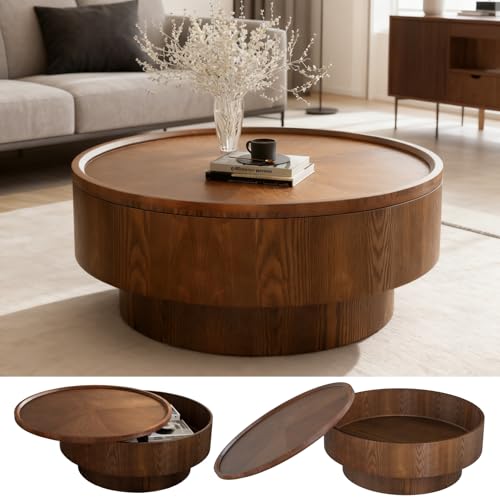 Wxnnx Round Coffee Table with Storage Circle Drum Design Side Table with Wood Grain Finish Living Room Accent Furniture & Centre Table for Apartment, Easy Assembly
