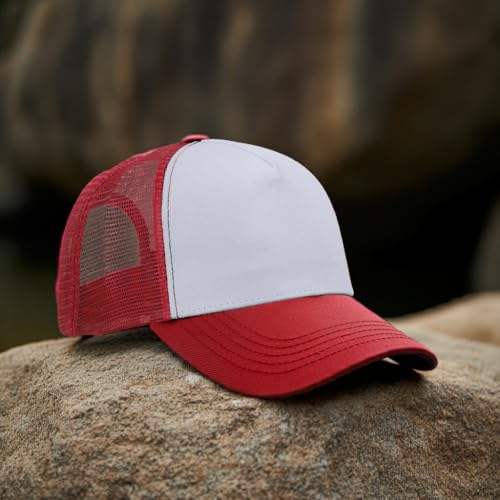 Image of Falari 5-Panel Mesh Baseball Cap, Trucker Hat, Structured Plain Design, Cotton, Adjustable Size