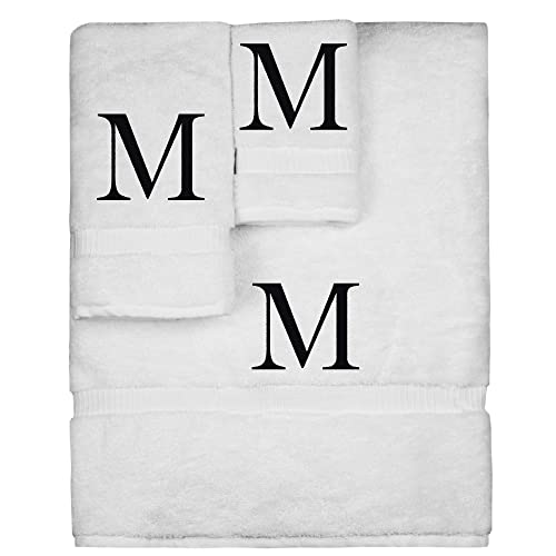 Monogrammed Towel Set, Personalized Gift, Set Of 3- Black Block Letter Embroidered Towel - Extra Absorbent 100% Turkish Cotton - Soft Terry Finish - Initial M White #TOP26