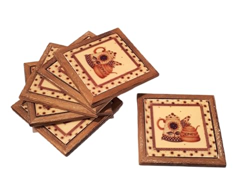 Set 6 piastrelline sottobicchiere in legno e ceramica smaltata 10x10 cm
