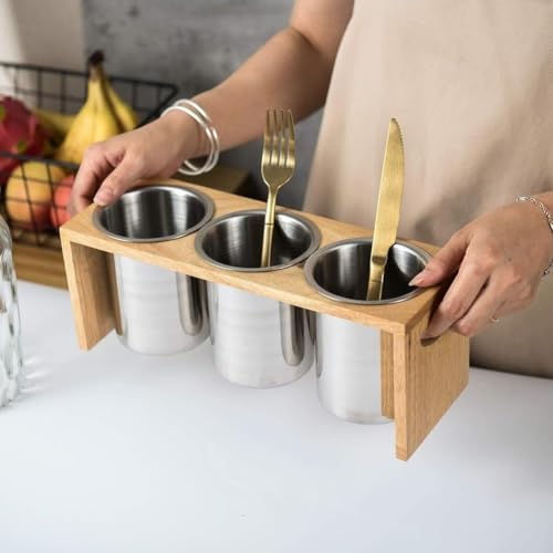 Support à couverts en acier inoxydable avec base bois premium