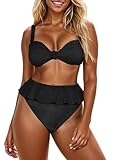 Saodimallsu Womens 2 Piece Vintage Swimsuit Ruffle High Waisted Bikini Sets Twist Knot Ribbed Bathing Suits Black