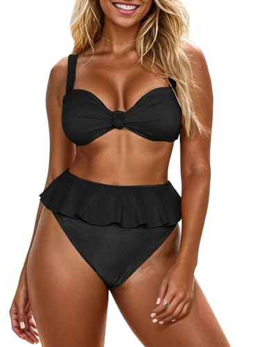 Image of Saodimallsu Women's 2 Piece High Waisted Swimsuit Ruffle Bikini Set | Twist Knot, Ribbed, Bathing Suits