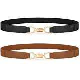 XZQTIVE Women Elastic Thin Belts for Dress Skinny Stretch Plus Size Black Brown Waist Belts with Fashion Gold Buckle Set of 2(90CM, BLACK+BROWN)