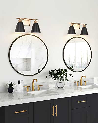 Image of 16-Inch 2-Light Black and Gold Farmhouse Bathroom Vanity Light | Metal shades, white interiors, 2 E26 sockets (60W max, no bulbs), dimmable, ETL listed, hardware, for mirror & bedroom