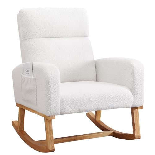 Image of HOMYKA Rocking Chair Nursery,Teddy Rocker Nursing Chairs with Wood Legs & Side Pocket, Comfortable Glider Roking Chair for Nursery, Living Room, Bedroom, Sherpa White