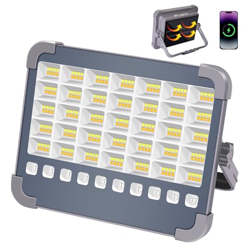 MASMEJOR Projecteur LED Rechargeable 100W, 10000LM Projecteur de Chantier avec Panneau Solaire, 5 Modes d'éclairage, Lampe de Travail Idéal pour Camping,...