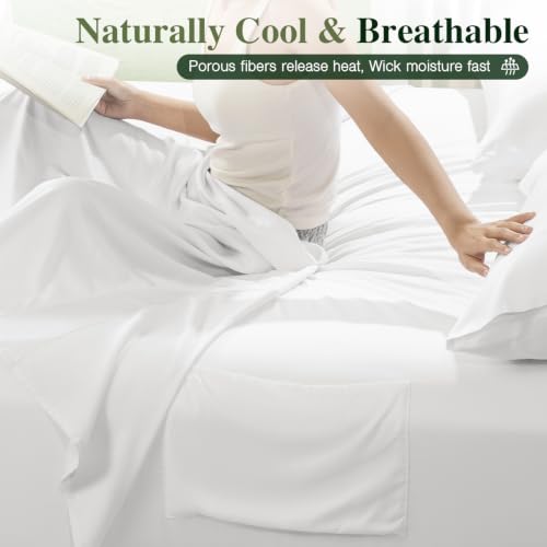Image of 100% Organically Grown Bamboo Viscose Queen Sheet Set with Pockets on Side | Hotel Luxury Bed Sheets Set, Deep Pocket Up to 16 Inches, Ultra Soft Cooling Sheets 4pcs (White)