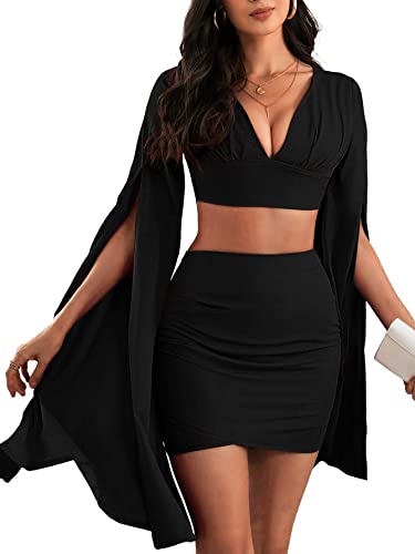 Lyaner Women's 2 Piece Outfits Cloak Long Sleeve Crop Top And Ruched Mini Skirt Set Black Medium #TOP22
