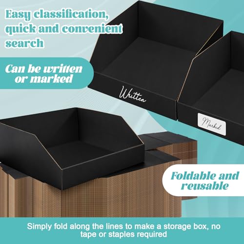 Image of Fuyoooo 30 Pack 12 x 8 x 4.5 Inches Cardboard Storage Bins Open Top Bin Boxes Black Corrugated Shelf Organizer Bins for Pantry, Parts, Garage, Snacks, Bottles, Cans or Warehouse Home Cubby