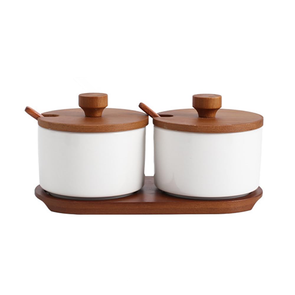 Onepine White, Set Of 2 Set Of 2 Kitchen Condiment Container, 220Ml Ceramic Sugar Bowl With Lid And Spoon, Salt Pot Spice Jar For Home And Kitchen