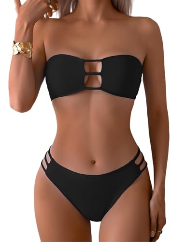 Tainehs Women's Two Piece Strapless Bikini Sets Bandeau Cutout Swimsuit High Cut Bathing Suits