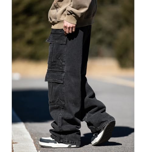 Mens Cargo Jeans Hip Pop Loose Fit Straight Leg Denim Pants2