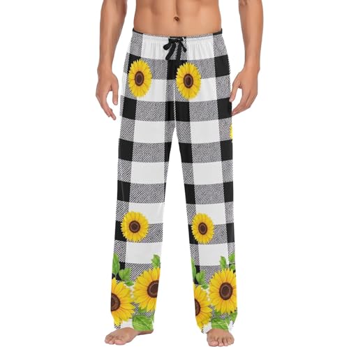 Black White Plaid Sunflower Lightweight Stretch Men Pajama Pants, Mens Lounge Pants with Pockets S