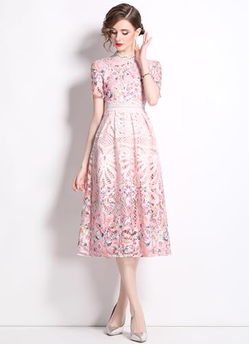 Image of LAI MENG FIVE CATS Women's Lace Floral Short Sleeve Crochet Waist Cocktail Midi Dress