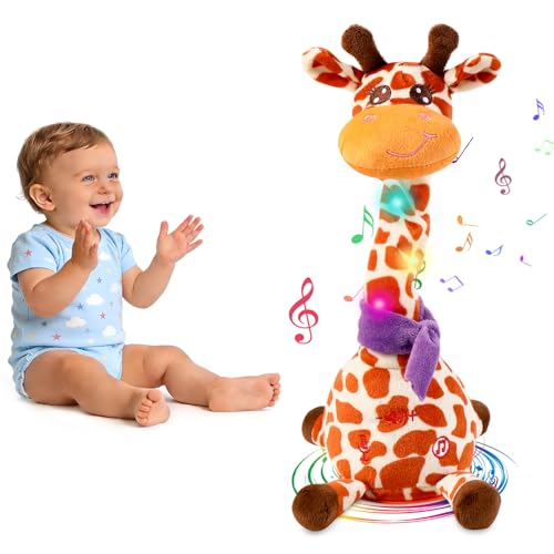 LLUKEME Dancing Talking Giraffe Plush Toy, Interactive Repeating Plush Toy that Mimics Your Words. Glowing Electric Giraffe Gifts with 10 Built-in Kids’ melodies, Ideal for Toddlers Aged 1-3.
