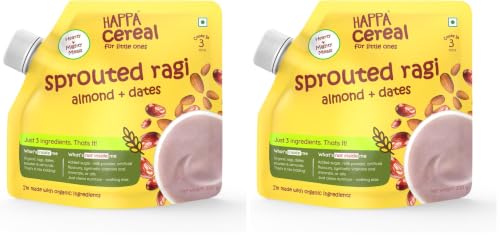 Image of Happa Ragi Almonds Dates Organic Cereal for Babies | Only 3 Ingredients | No Sugar, Oil, Milk Powder, Flavours or Colours | Traditional Porridge Recipe | Cooks in 3 Minutes | Stage 2 (6 Months+) | 200g Pack
