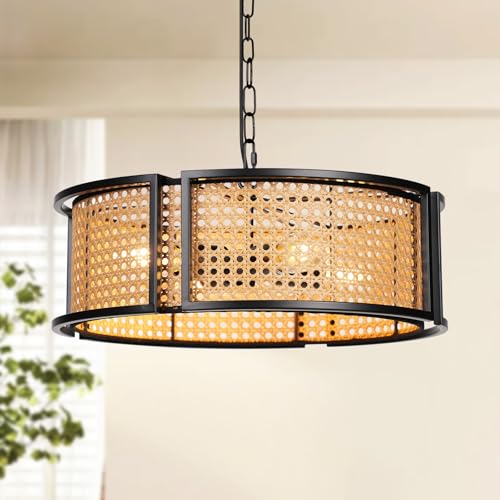SupMaka 17.7" Farmhouse Rattan Chandelier, 4-Light Large Bohemian Pendant Hanging