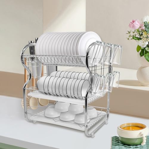 HUOLE Escurridor de Platos Cocina Extensible Escurreplatos escurridor Cubiertos Rejilla Bandeja de Goteo Secaplatos Soportes para Platos con Soporte de Cubiertos