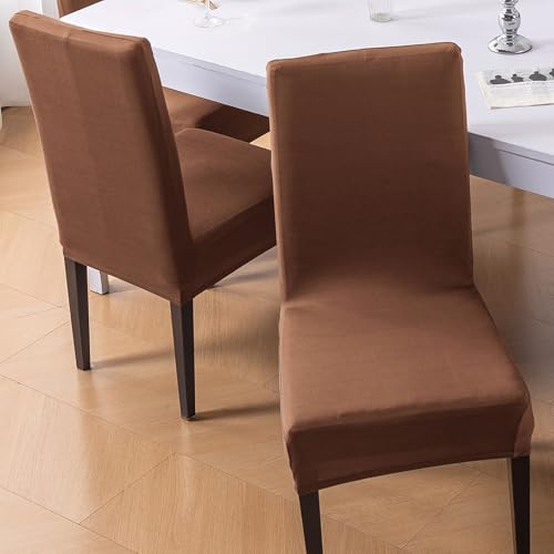 Image of HOKIPO 'SereneSolids' 140 GSM Stretchable Dining Chair Cover - Set of 1, Brown (AR-6246-BR)