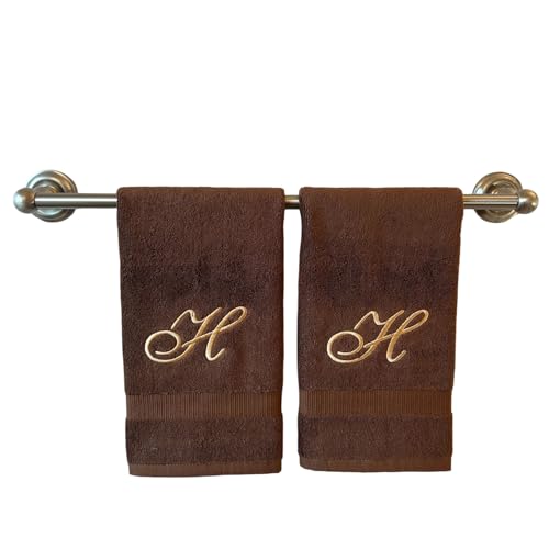 Decorvo Brown Monogrammed Hand Towels for Bathroom - Luxury Hotel Quality Personalized Initial Embroidered Towel for Powder Room, Spa - GOTS Organic Certified - Set of 2 Beige Letter H