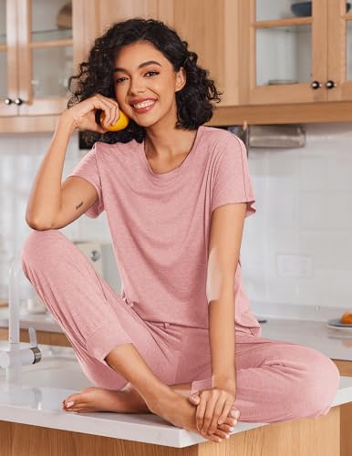 Image of Ekouaer 2 pack Pajama Sets for Womens Jogger Pants Pjs Short Sleeves Lounge Set Soft Sleepwear with Pockets