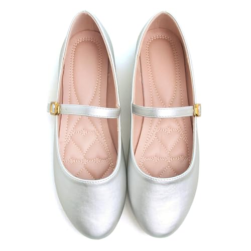 JiangWei Shu Women's Round Toe Ballets Comfortable Flats Ankle Strap Mary Jane Dress Shoes for Women