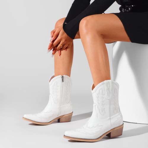 Image of Rhinestone Ankle Cowboy Boots for Women Embroidered Short Cowgirl Boots with Low Heel Side Zipper Comfortable Chunky Heel Western Booties for Prom Party Wedding Pull On Shoes