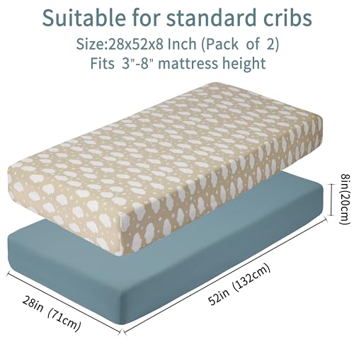 Baby Crib Sheets for Boys Girls, 2 Pack Fitted Crib Sheet for Standard Crib and Toddler Mattress, Soft Microfiber Baby Sheet 52x28x8in. (Clouds & Dark Green)